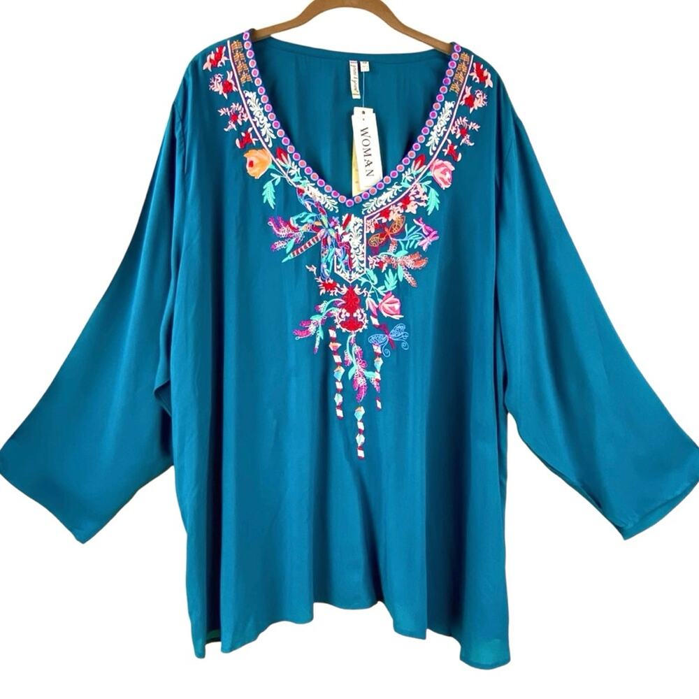 Grand & Green Boho Embroidered Tunic Top Size 2X Blue New With Tags